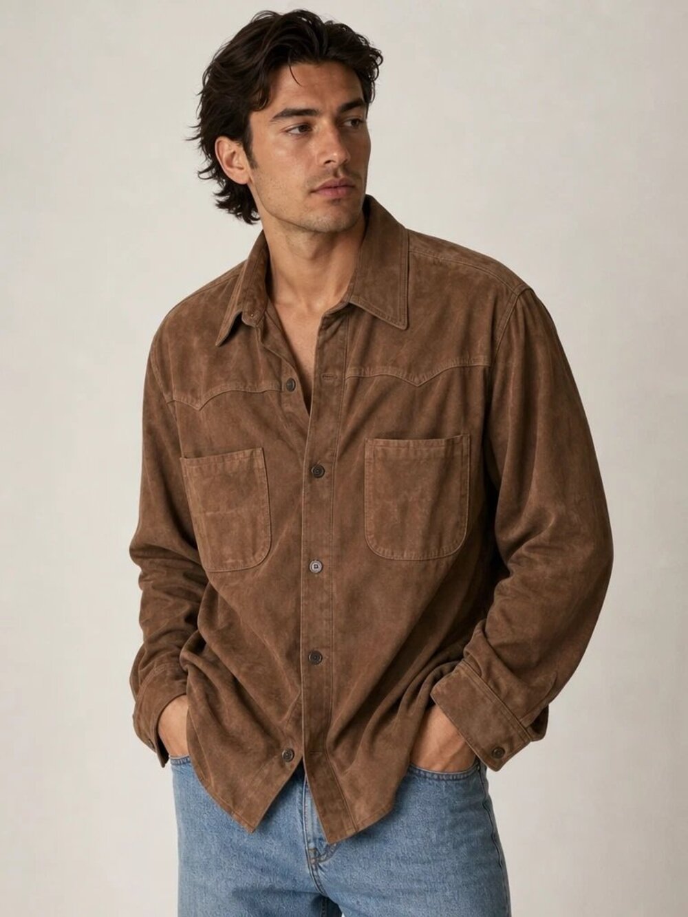 Vintage 1980-90s Vera Pelle Italian Suede Shirt Brown Leather Made in Italy